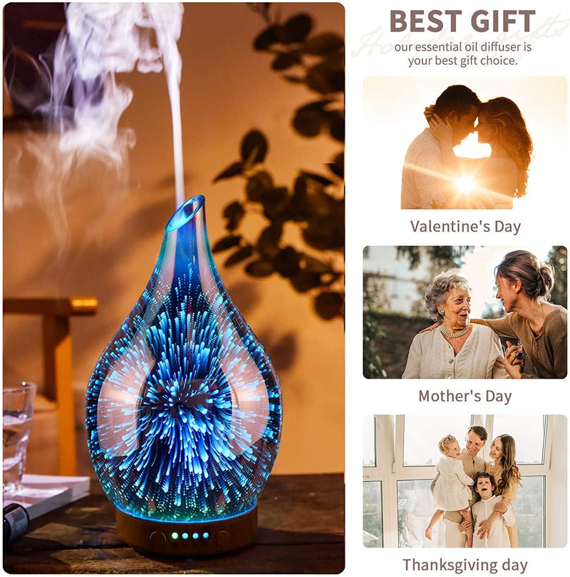 Oil Diffuser 3D Glass Aromatherapy Ultrasonic Humidifier, Air Refresh Auto Shut-Off, Timer Setting, BPA Free for Home Hotel Yoga Leisure SPA Gift 100Ml Last 4H