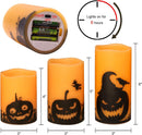 Halloween Flameless Candles, LED Flickering Battery Pillar Candles with 6H Timer and Pumpkin Decals, Spooky Fall Halloween Festival Party Decoration Set of 3 (D 3” X H 4” 5” 6”)