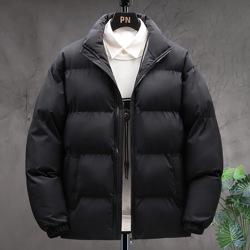 Winter Stand-collar Cotton Coat Couple Casual Warm Plus Velvet Thicken Solid Color Jacket For Men's Clothing