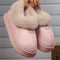 Women'S Preppy Solid Color Slip on Furry Slippers, Soft Warm Plus Fleece House Shoes