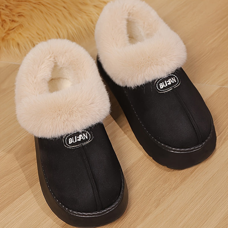 Women'S Preppy Solid Color Slip on Furry Slippers, Soft Warm Plus Fleece House Shoes