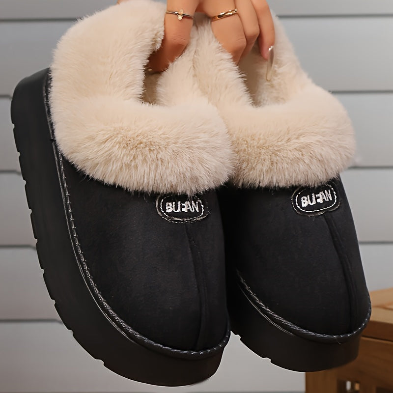 Women'S Preppy Solid Color Slip on Furry Slippers, Soft Warm Plus Fleece House Shoes