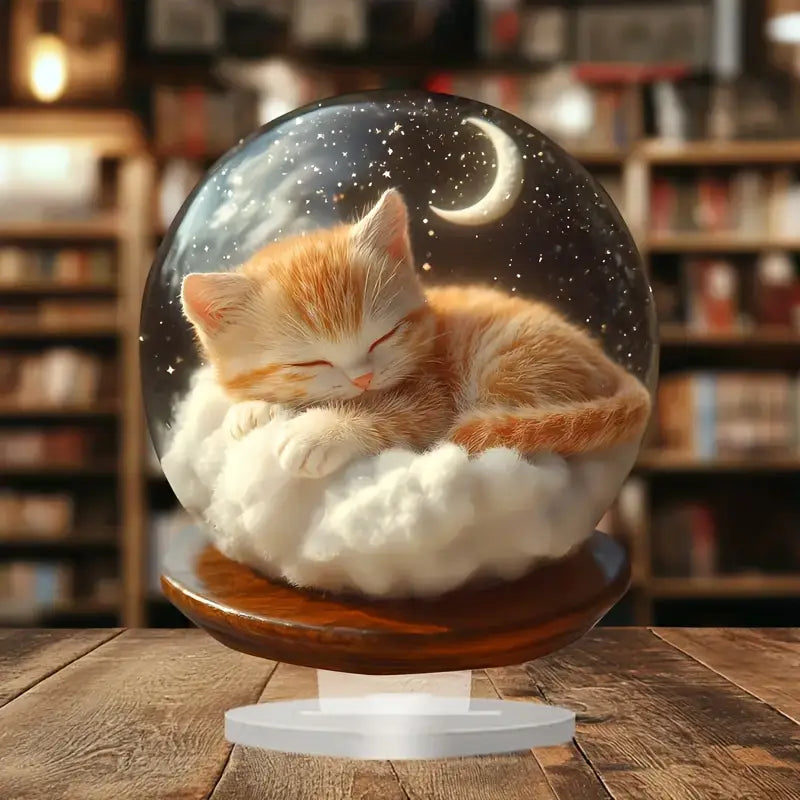 Boho-Chic Acrylic Cat Snow Globe Decor - Dreamy Kitten Under Moonlight, Perfect for Home, Office & Cafe Display, Ideal Gift