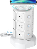 Power Strip Tower,  Surge Protector Tower with 15W Magnetic Wireless Charger, 1050J, 13A Charging Station with 12 AC Outlets & 6 USB Ports, 6.5Ft Extension Cord for Home Office, White