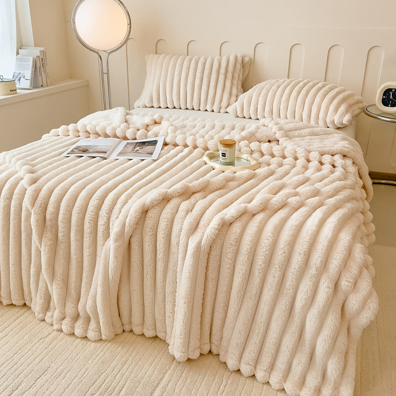 1pc Traditional-Style Striped Plush Blanket, Thick Double-Sided Fleece, All-Season Multipurpose Knit Polyester, Machine Washable, 250-300gsm