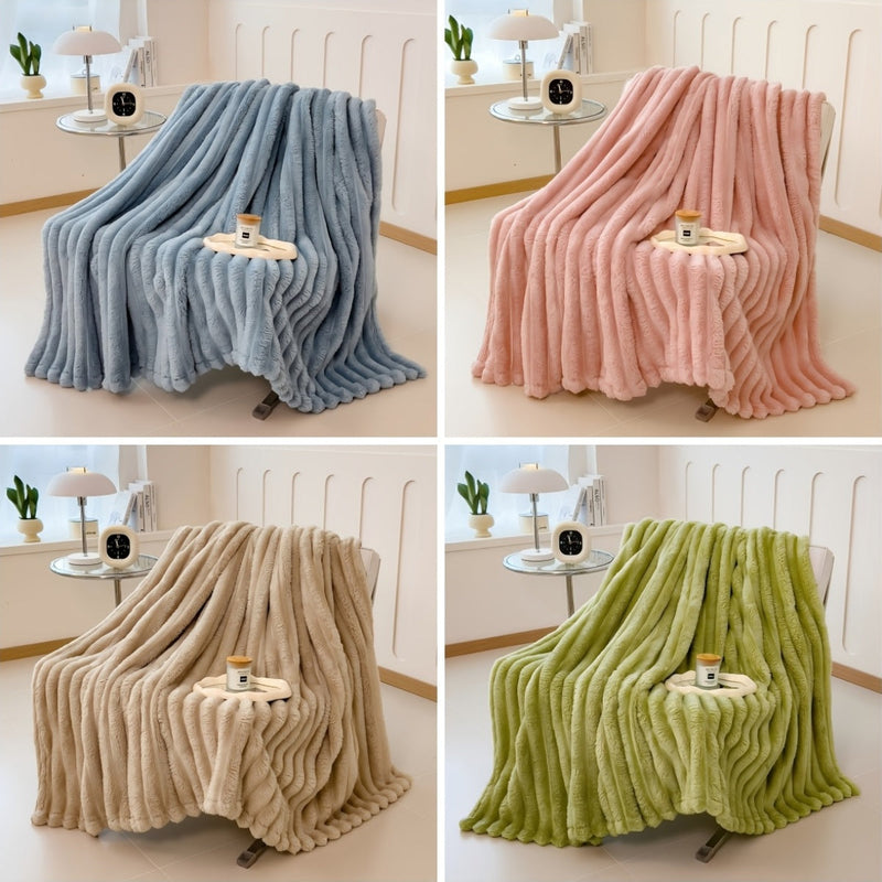 1pc Traditional-Style Striped Plush Blanket, Thick Double-Sided Fleece, All-Season Multipurpose Knit Polyester, Machine Washable, 250-300gsm