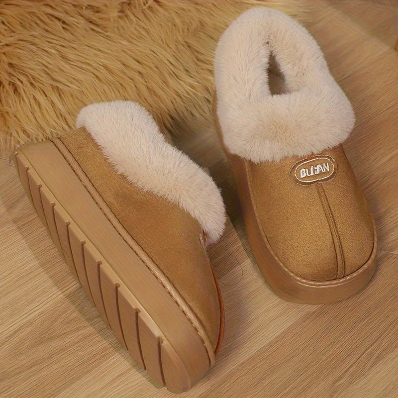 Women'S Preppy Solid Color Slip on Furry Slippers, Soft Warm Plus Fleece House Shoes