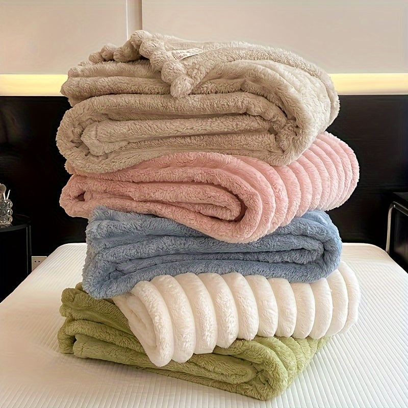 1pc Traditional-Style Striped Plush Blanket, Thick Double-Sided Fleece, All-Season Multipurpose Knit Polyester, Machine Washable, 250-300gsm