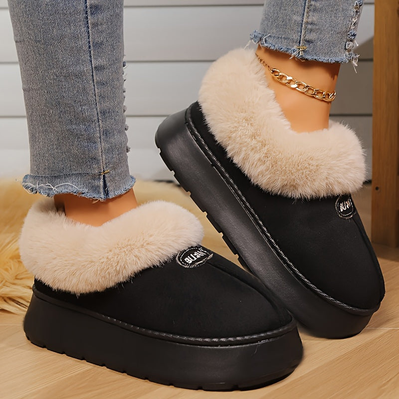 Women'S Preppy Solid Color Slip on Furry Slippers, Soft Warm Plus Fleece House Shoes