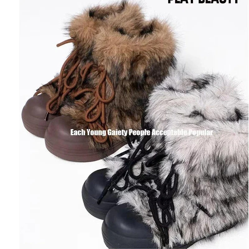 Fur Women Snow Ankle Boots Flats Platform Warm Shoes