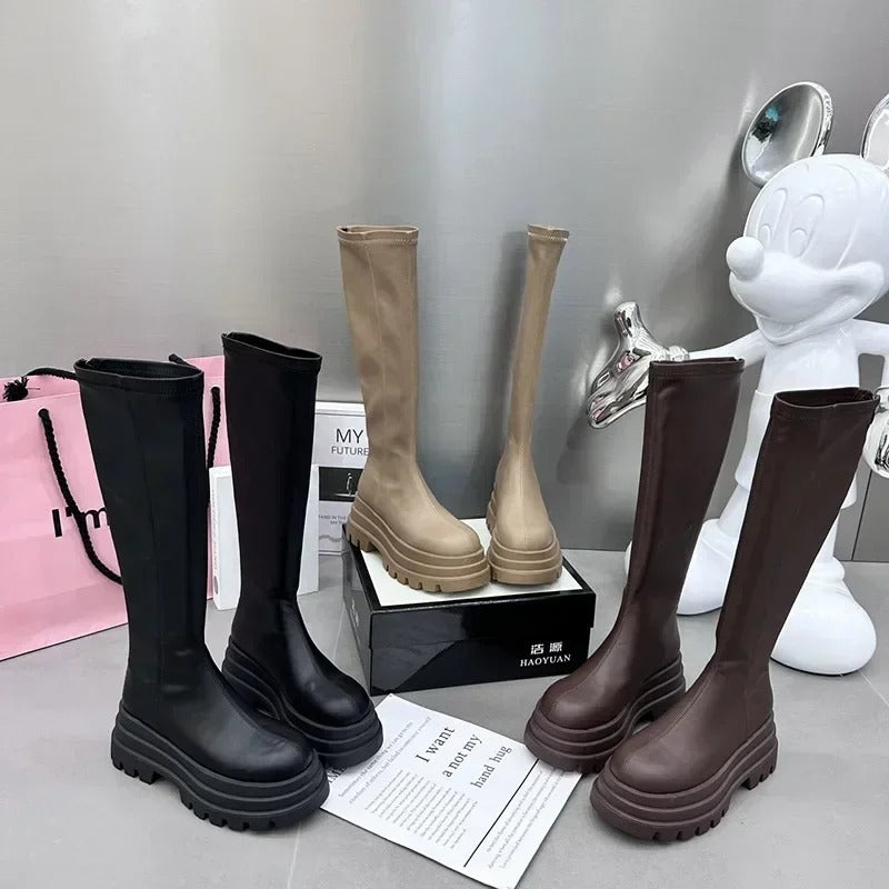 Women Boots Winter Black Over The Knee Boots 2024 New Comfort Lace Up Chunky High Heels Shoes